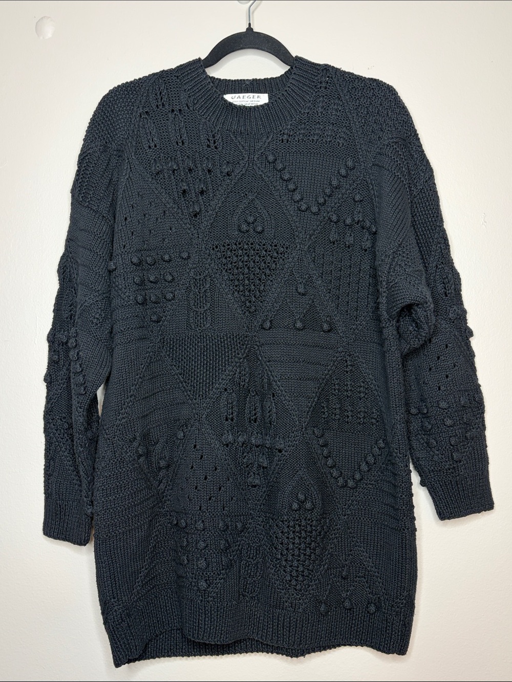Vintage Jaeger Black Cable Knit Cotton Tunic Sweater Dress Medium Made in UK